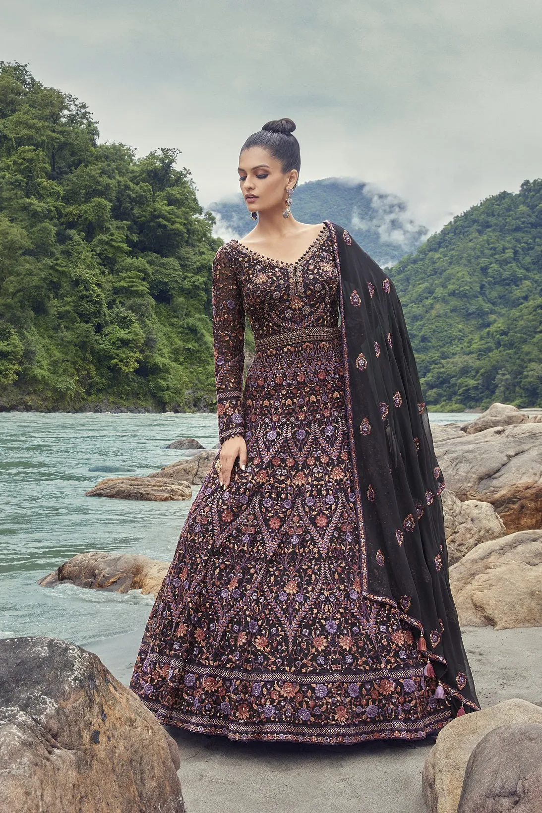 50Z825-RO Embroidered Black Gown With Dupatta