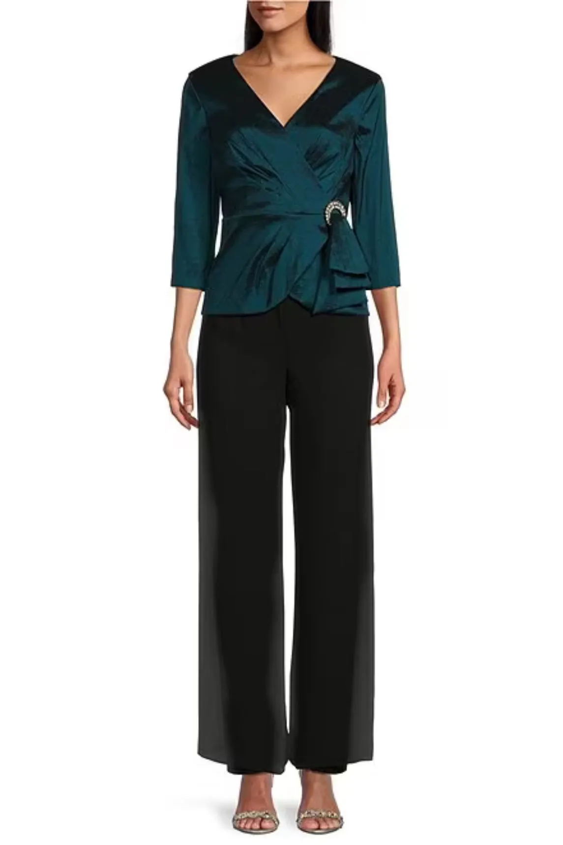 Alex Evenings 3/4 Sleeve Surplice V-Neck Embellished Hip Taffeta Blouse