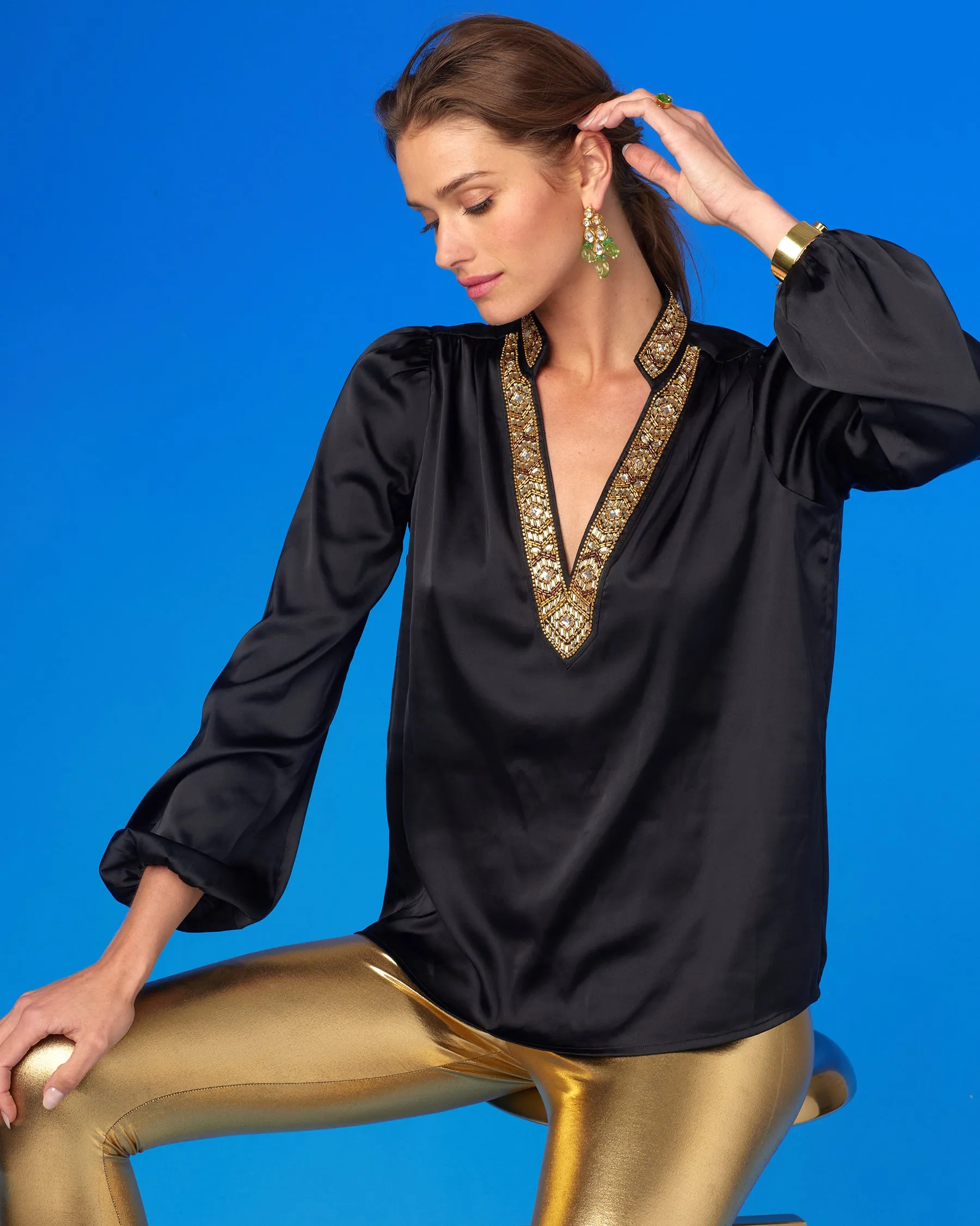 Anastasia Blouse in Black and Art Deco Embellishment