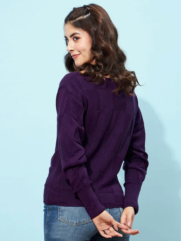 Berrylush Women Solid Purple Boat Neck Drop-Shoulder Sleeves Acrylic Ribbed Hem Knitted Regular Sweater