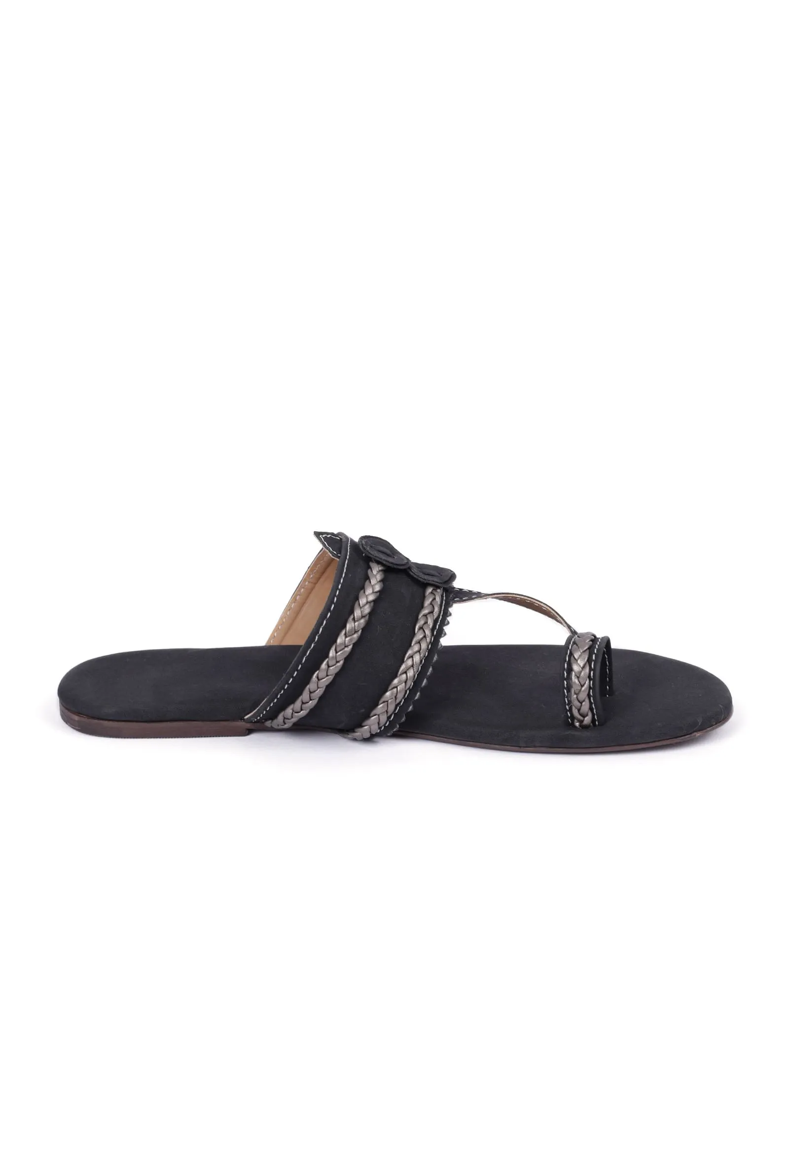 Black Cruelty free Leather inspired Kolhapuri with silver Braidings