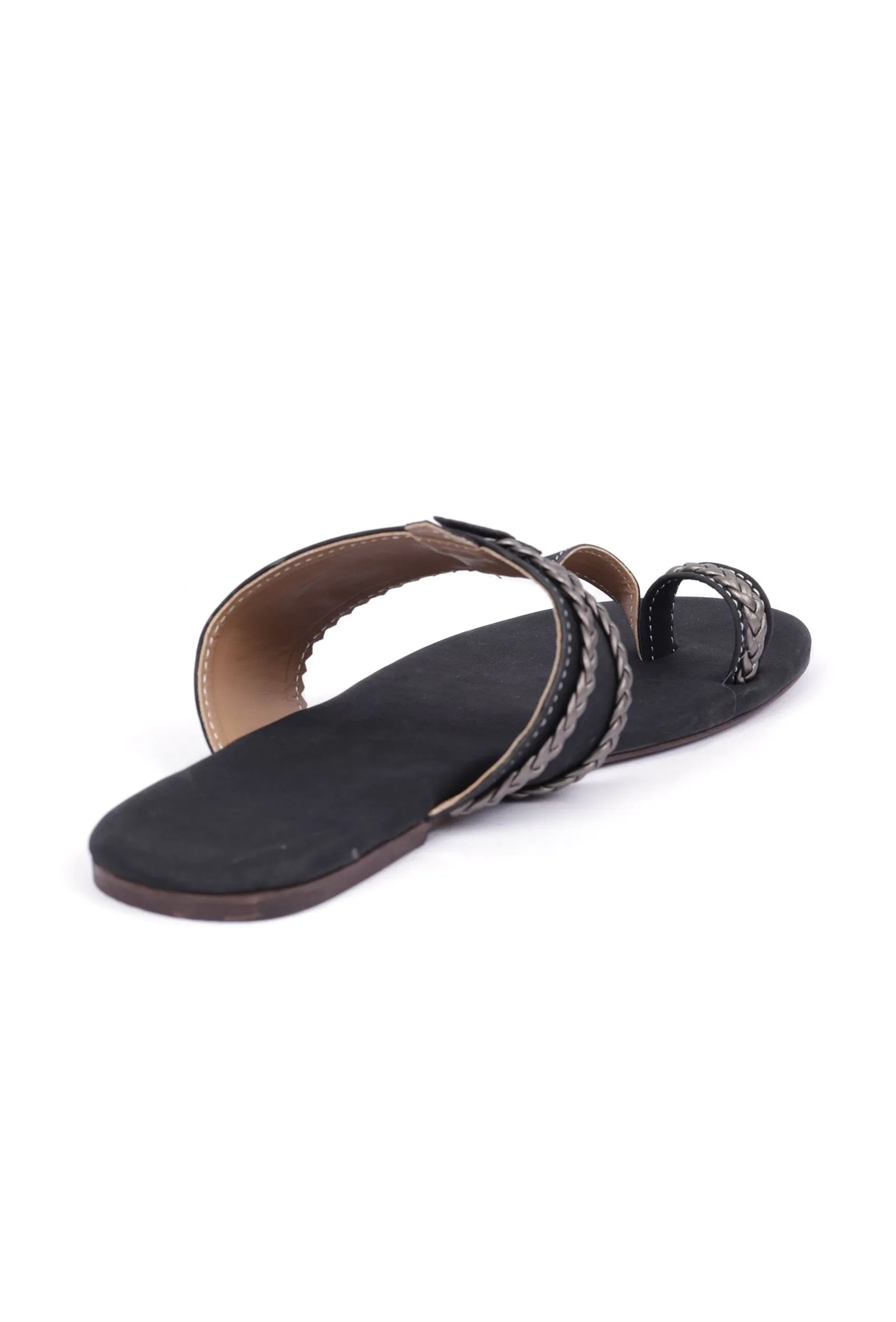 Black Cruelty free Leather inspired Kolhapuri with silver Braidings