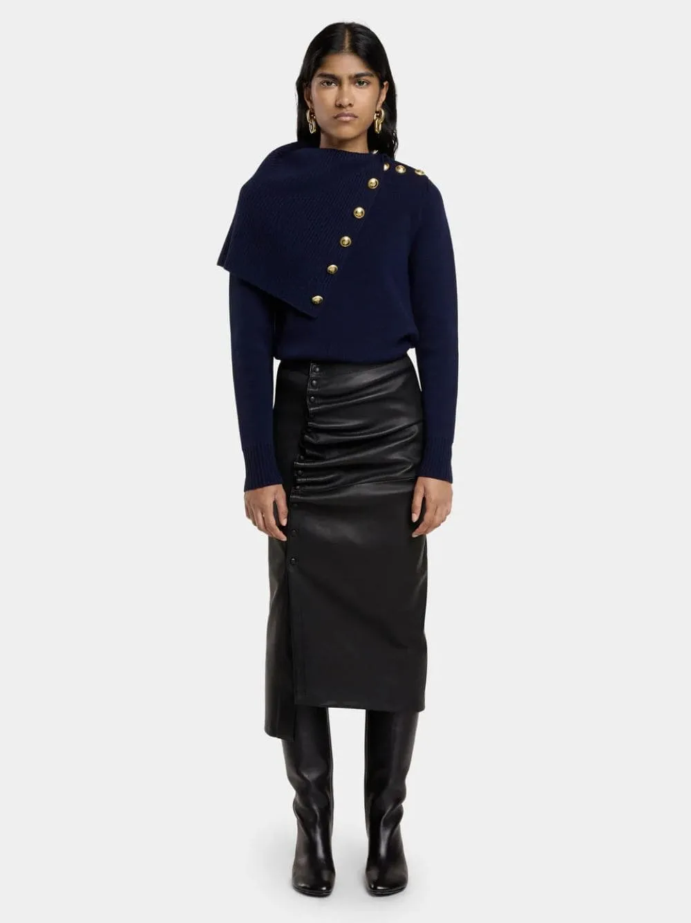 Black Lambskin Gathered Midi Skirt