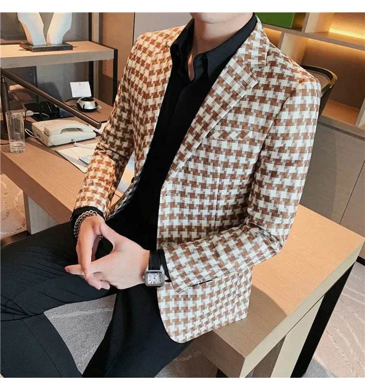 British Style Men's Smart Casual Slim Fit Plaid Blazer Suit Jacket