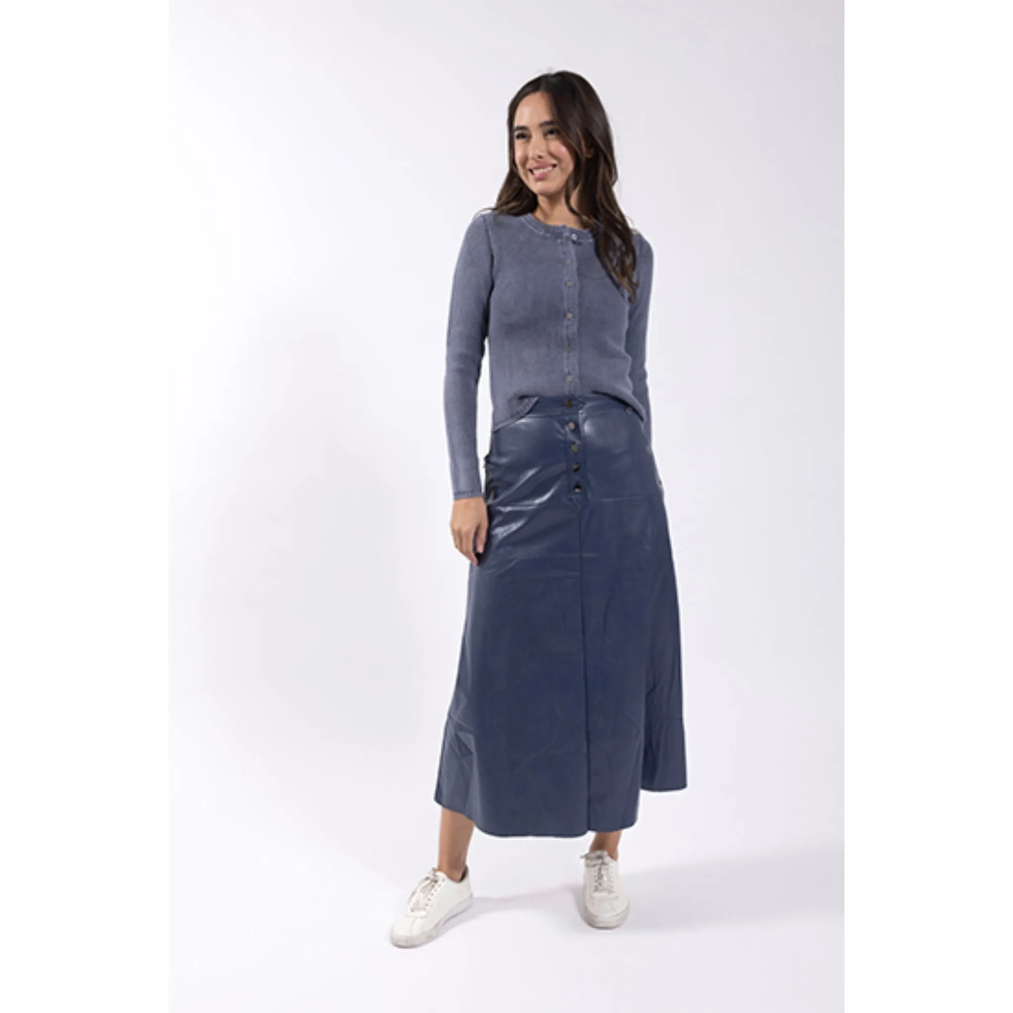 Button Front Leather Skirt Navy