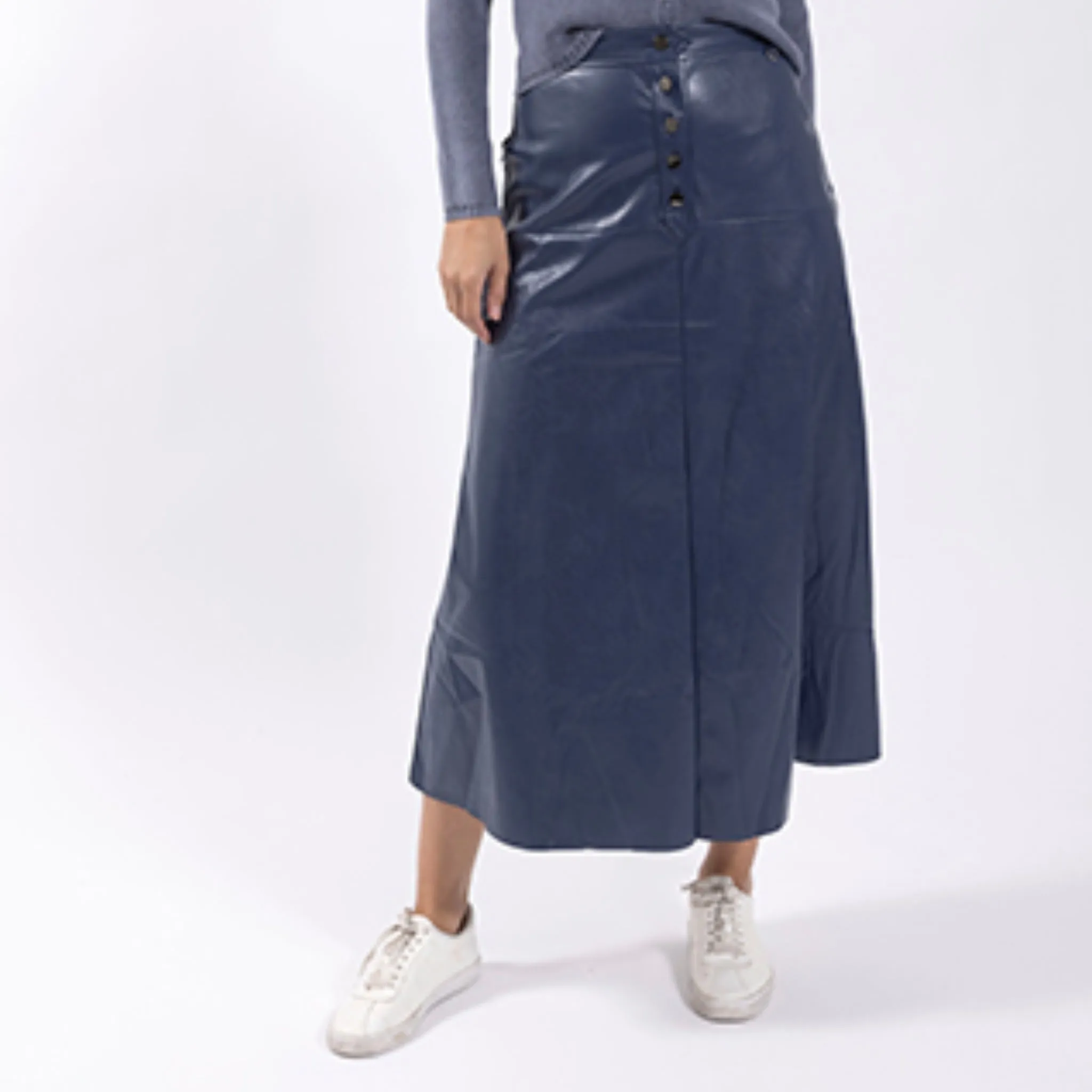 Button Front Leather Skirt Navy