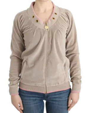 Cavalli Beige Zip Cardigan with Gold Tone Accents