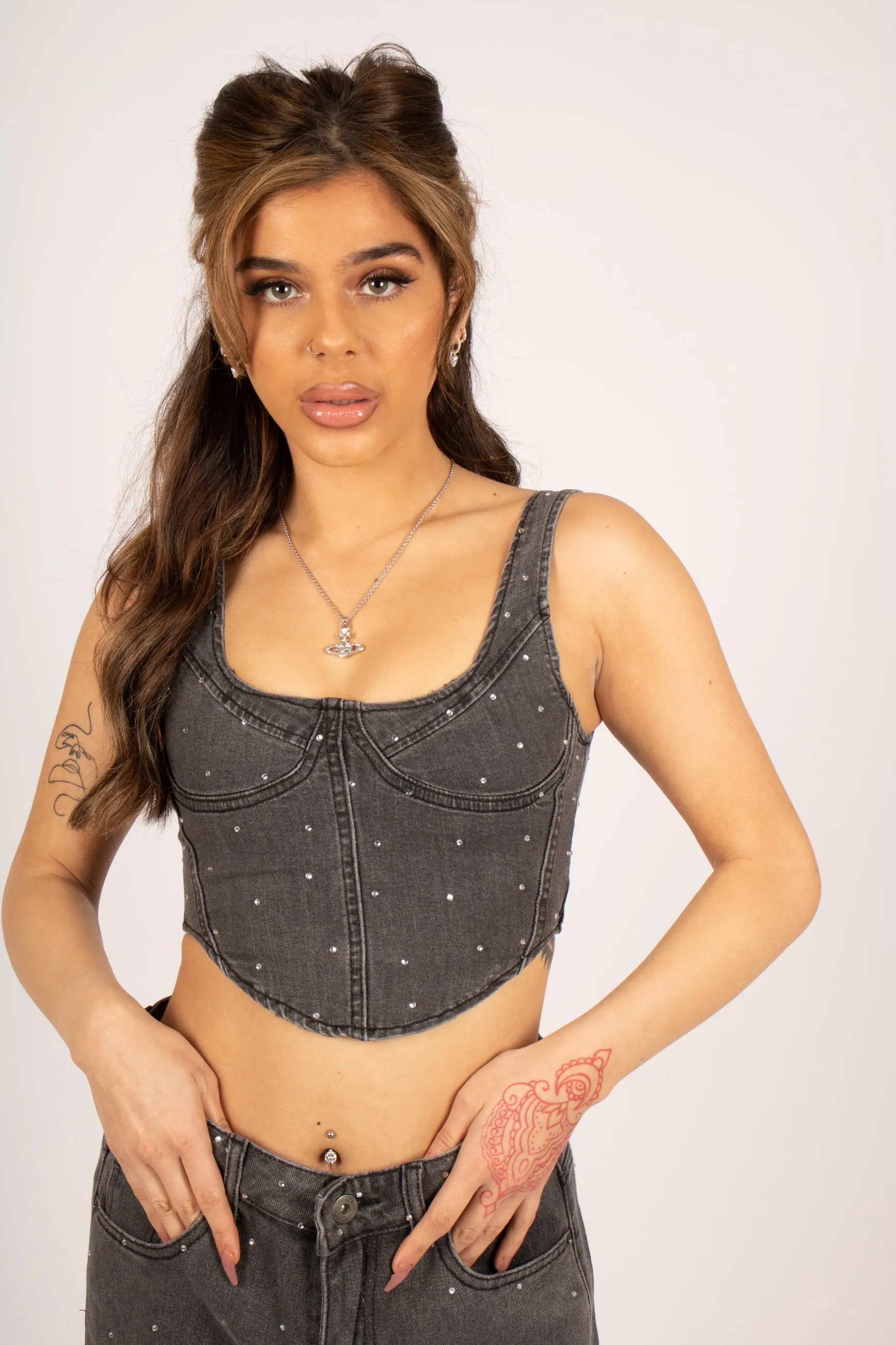 FAE Diamanté Stretch Denim Corset