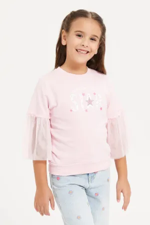 Girls Pink Embellished Mesh Long Sleeve Top