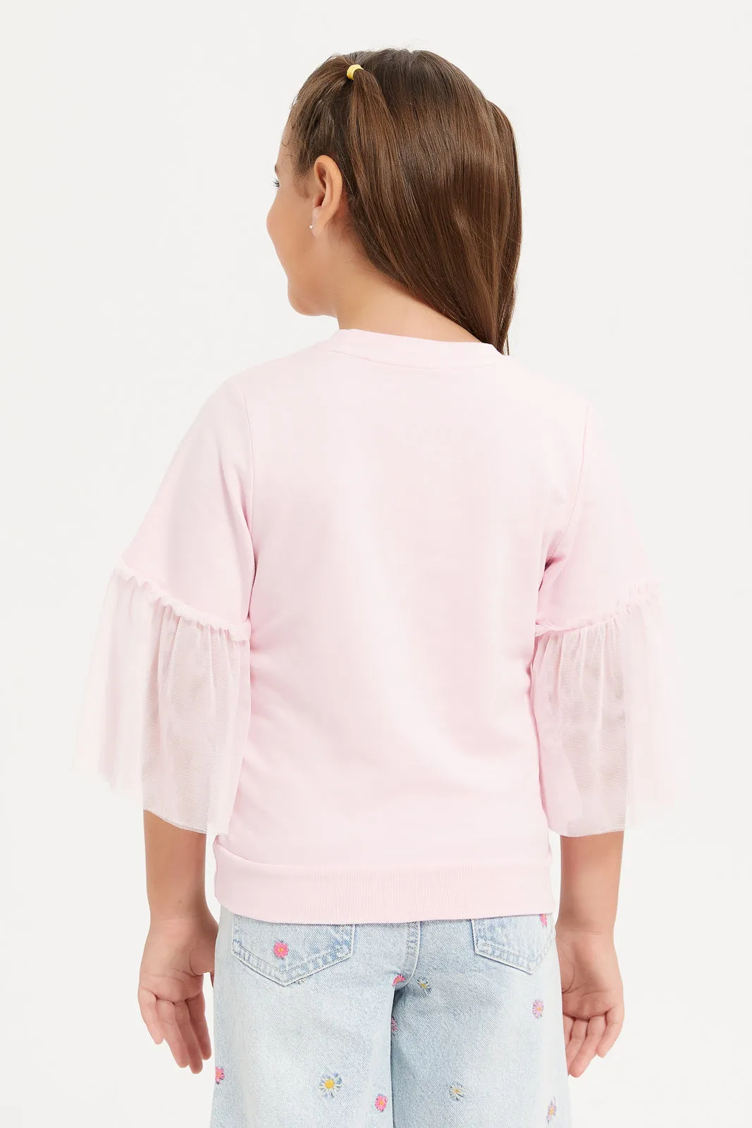 Girls Pink Embellished Mesh Long Sleeve Top