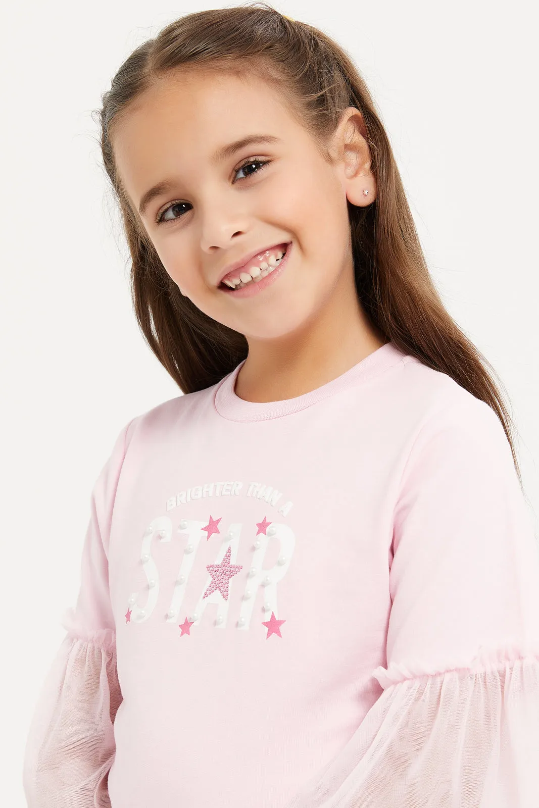 Girls Pink Embellished Mesh Long Sleeve Top