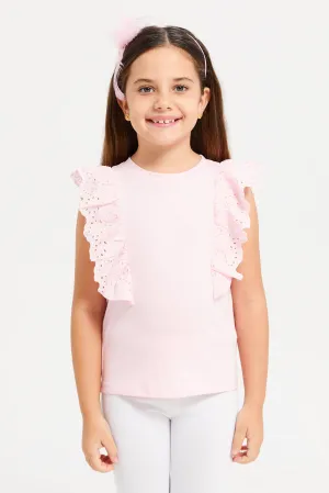 Girls Pink Embroidered Frill Top