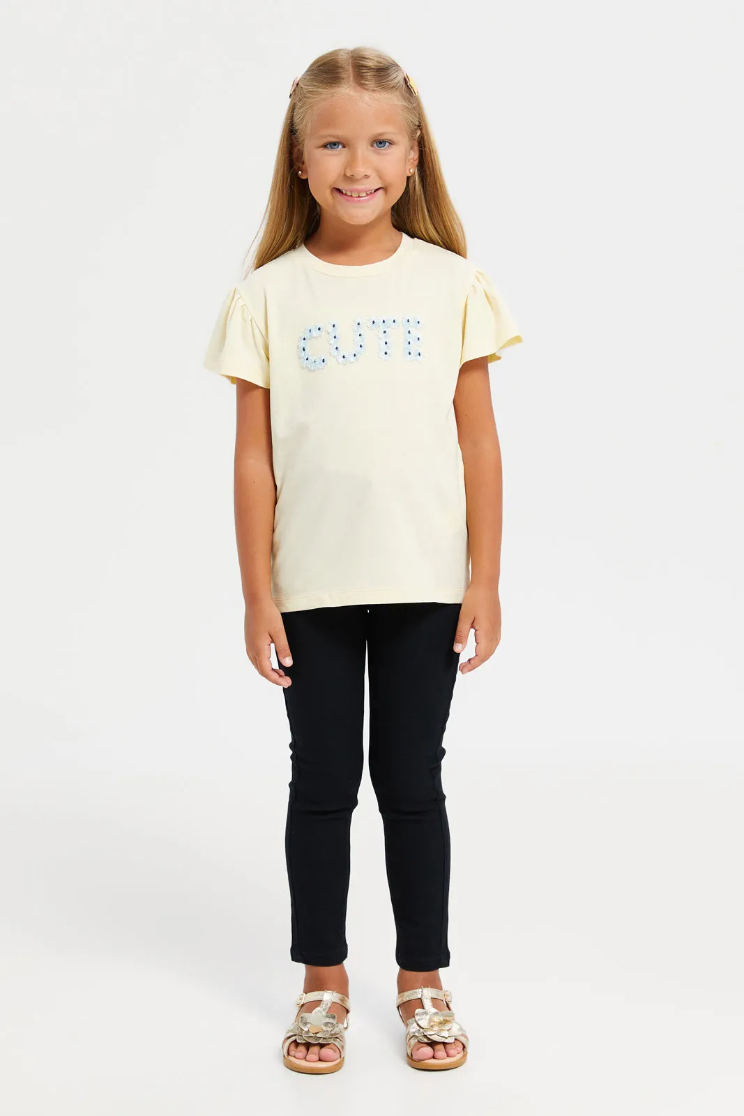 Girls Yellow Embellished T-Shirt