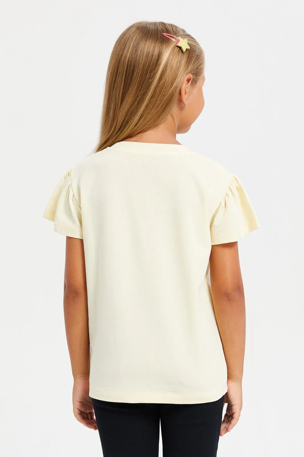 Girls Yellow Embellished T-Shirt