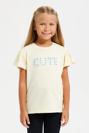 Girls Yellow Embellished T-Shirt