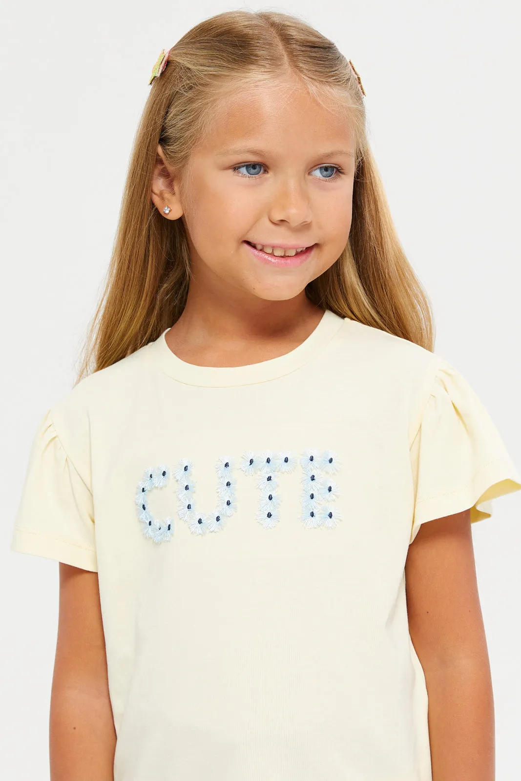 Girls Yellow Embellished T-Shirt