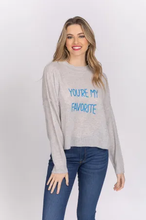 Golden Sun You're My Favorite Crew Neck Cashmere Sweater in Grey-Bright Blue