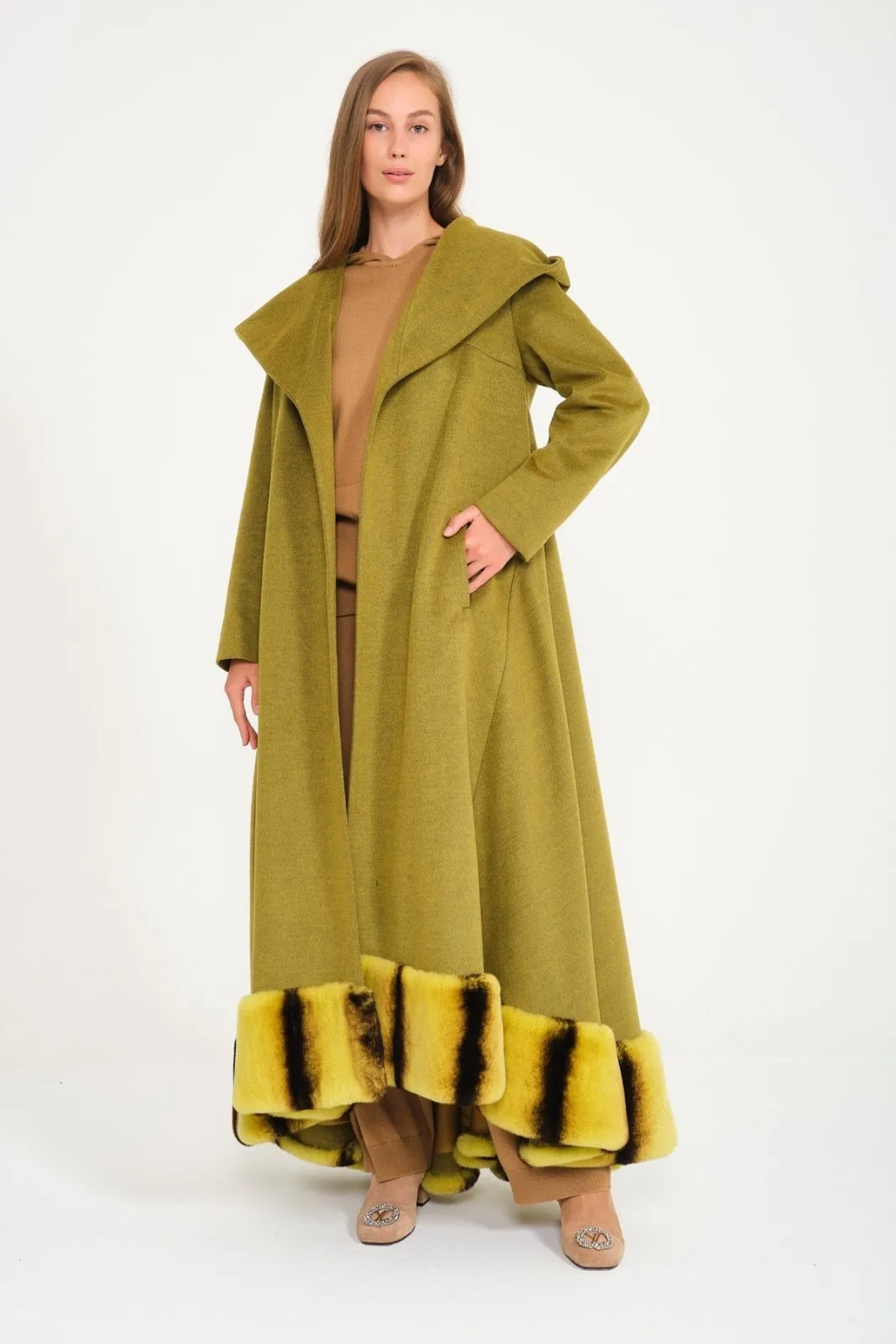 Green Hooded Wool Rex Fur Abaya