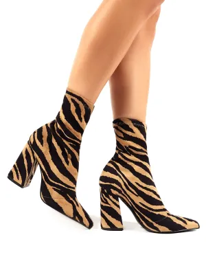 Harri Tiger Print Faux Suede Heeled Sock Fit Ankle Boots