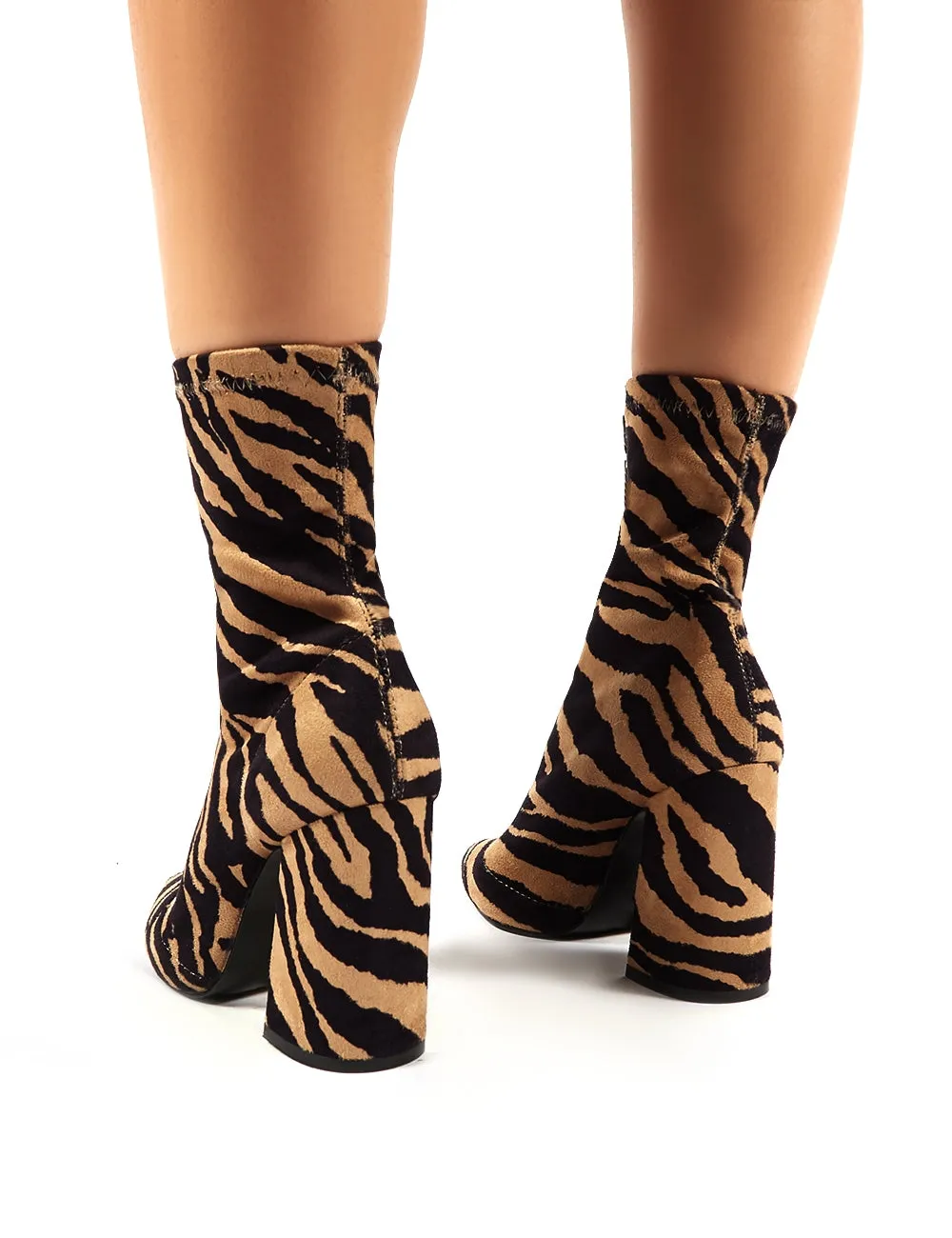 Harri Tiger Print Faux Suede Heeled Sock Fit Ankle Boots