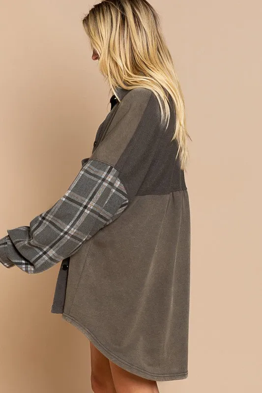 Leaves and Lattes Long Sleeve With Plaid Detail POL Sleeve POL Shacket