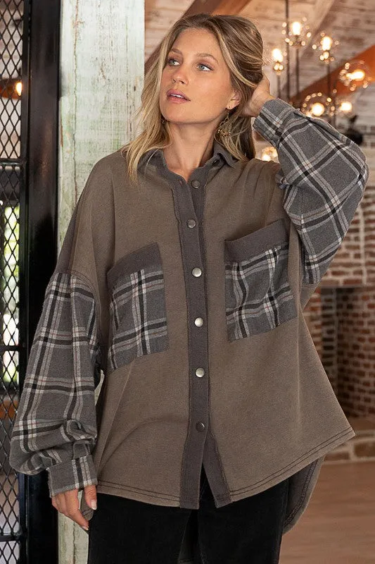 Leaves and Lattes Long Sleeve With Plaid Detail POL Sleeve POL Shacket