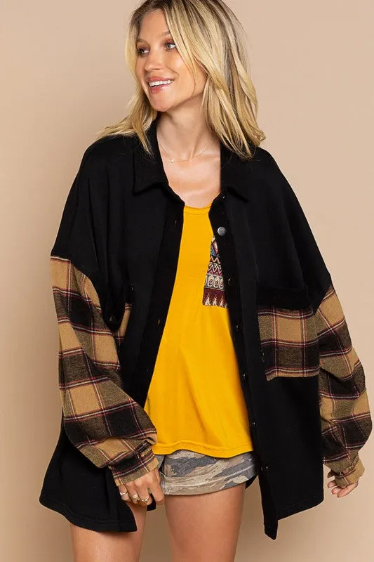 Leaves and Lattes Long Sleeve With Plaid Detail POL Sleeve POL Shacket