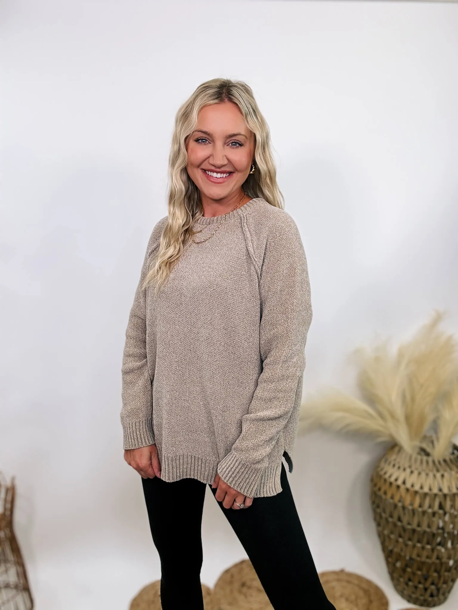 Light Tan Heather Cocoa Chenille Sweater with Seam Details