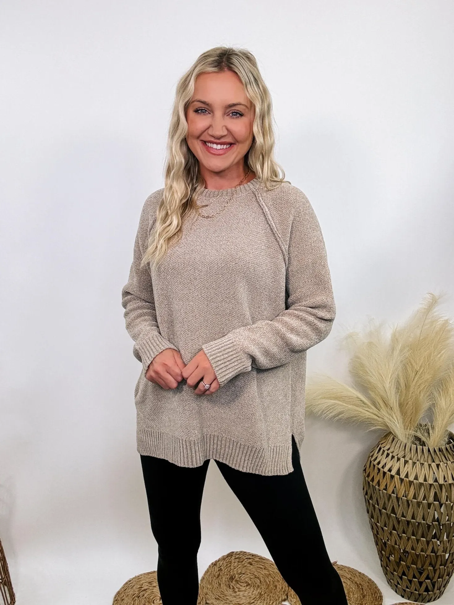 Light Tan Heather Cocoa Chenille Sweater with Seam Details