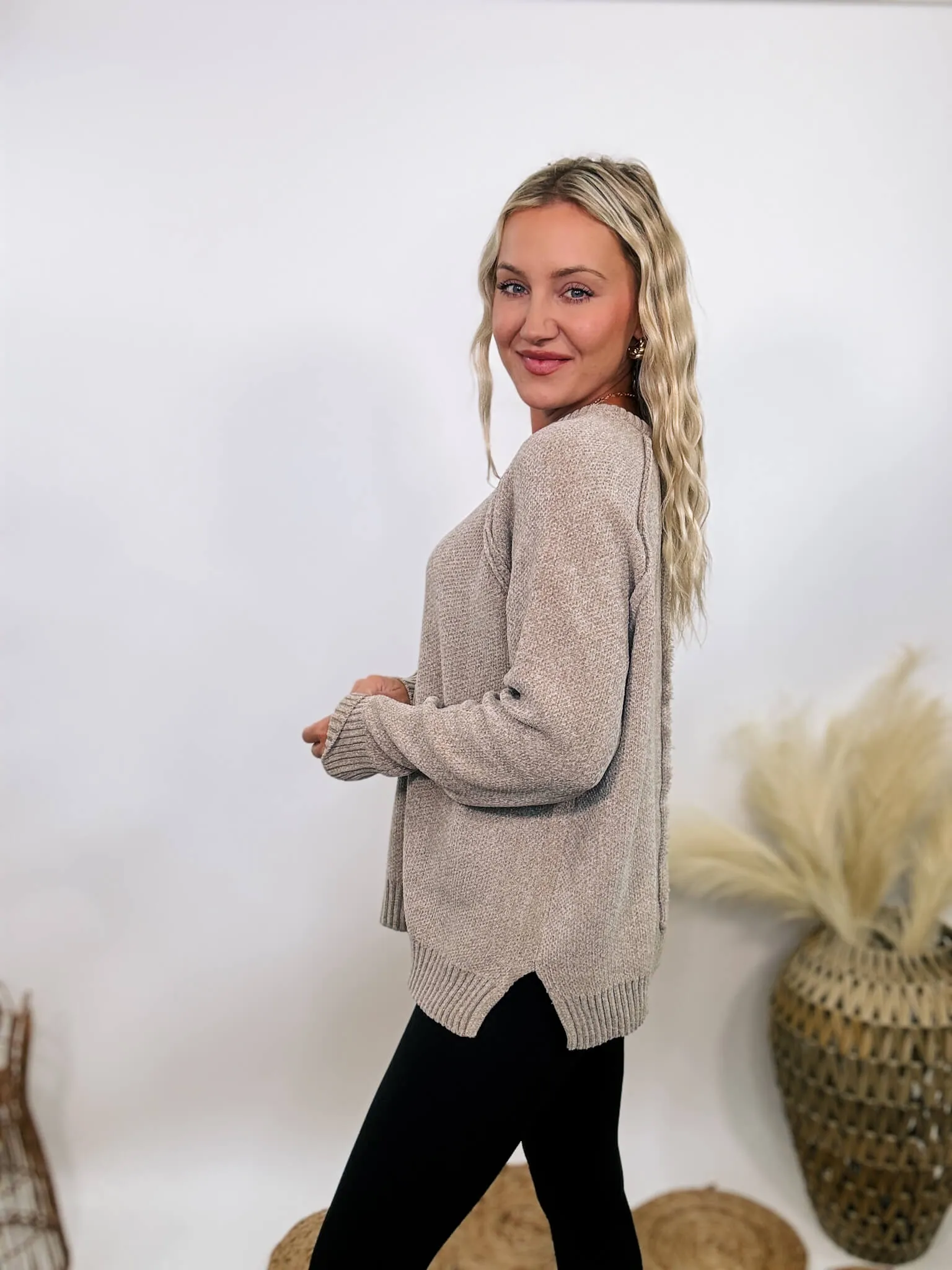 Light Tan Heather Cocoa Chenille Sweater with Seam Details