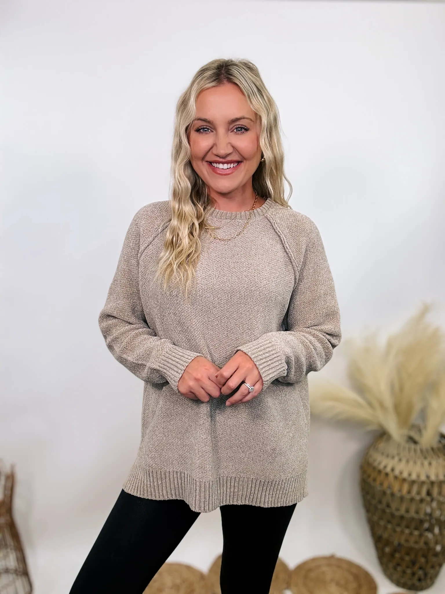 Light Tan Heather Cocoa Chenille Sweater with Seam Details