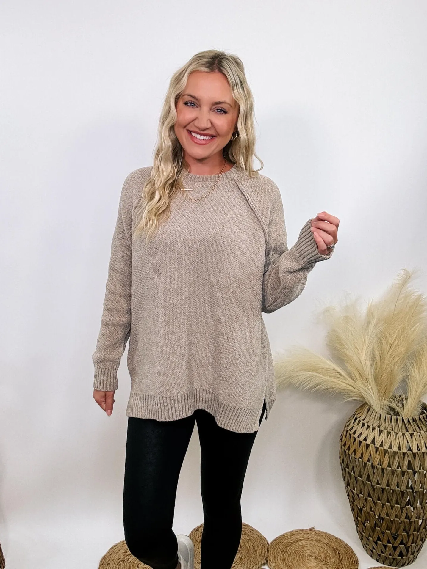 Light Tan Heather Cocoa Chenille Sweater with Seam Details