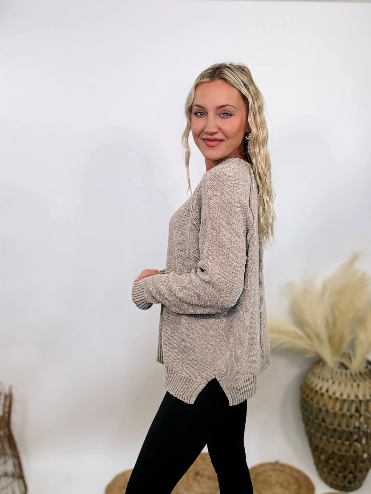 Light Tan Heather Cocoa Chenille Sweater with Seam Details