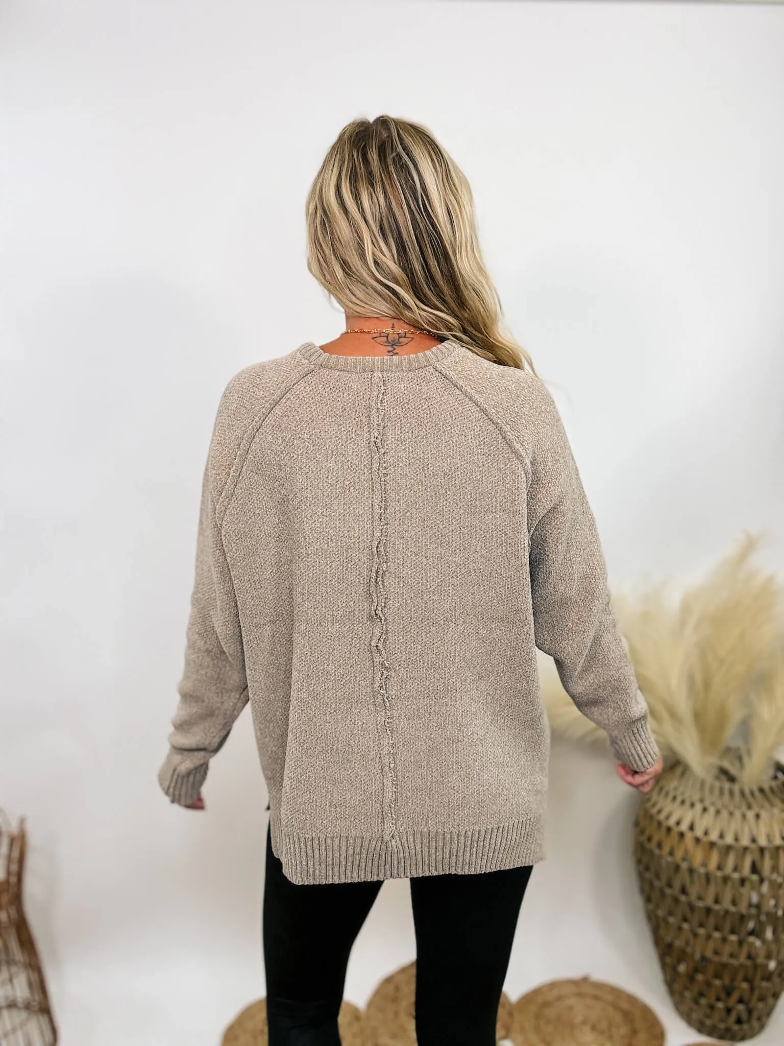 Light Tan Heather Cocoa Chenille Sweater with Seam Details