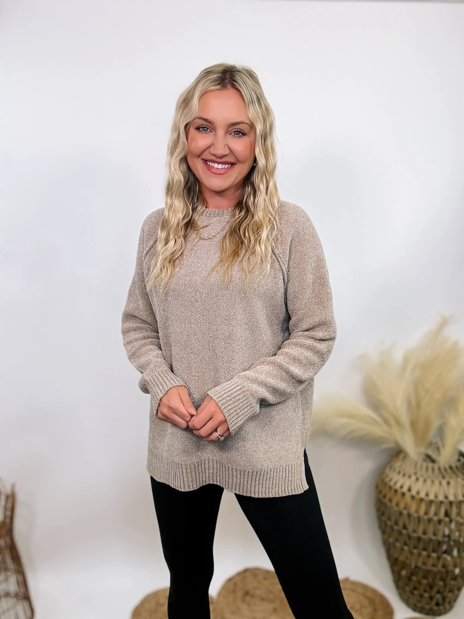 Light Tan Heather Cocoa Chenille Sweater with Seam Details