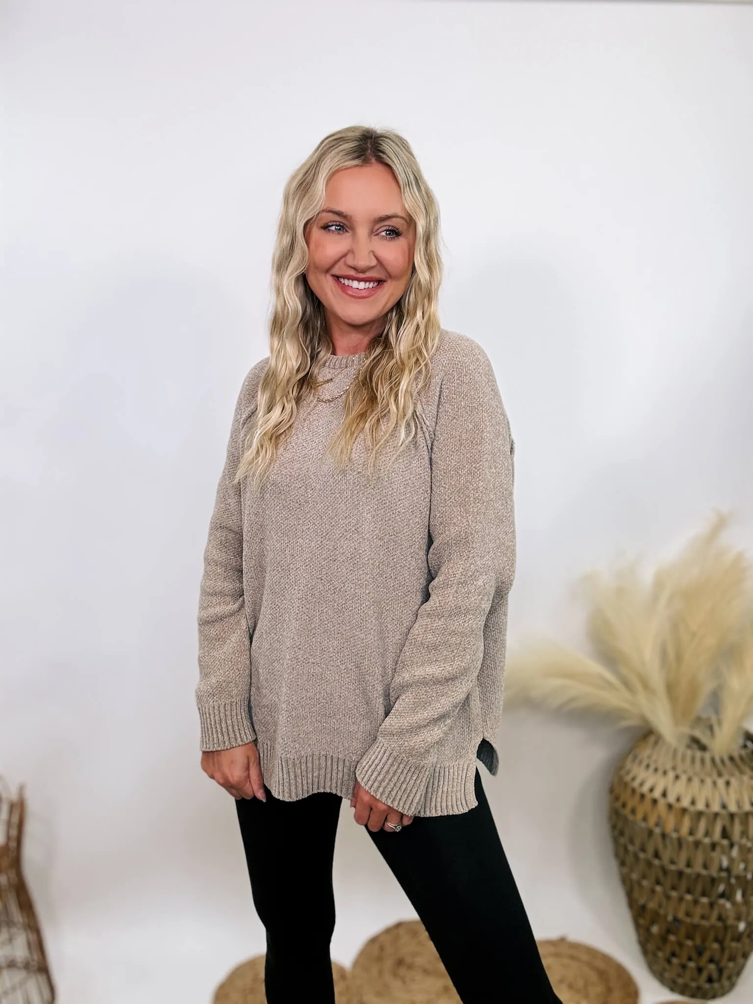 Light Tan Heather Cocoa Chenille Sweater with Seam Details