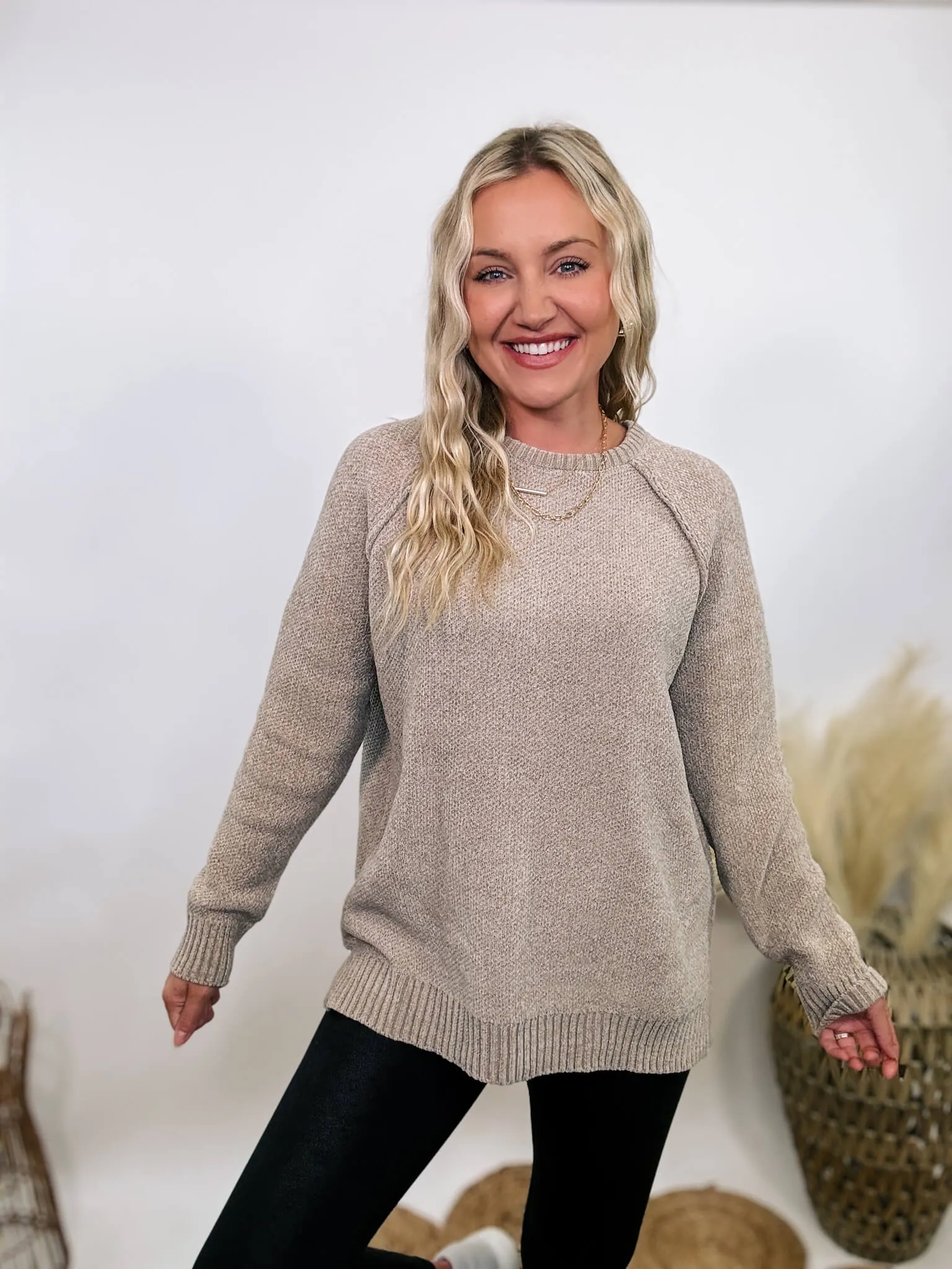 Light Tan Heather Cocoa Chenille Sweater with Seam Details