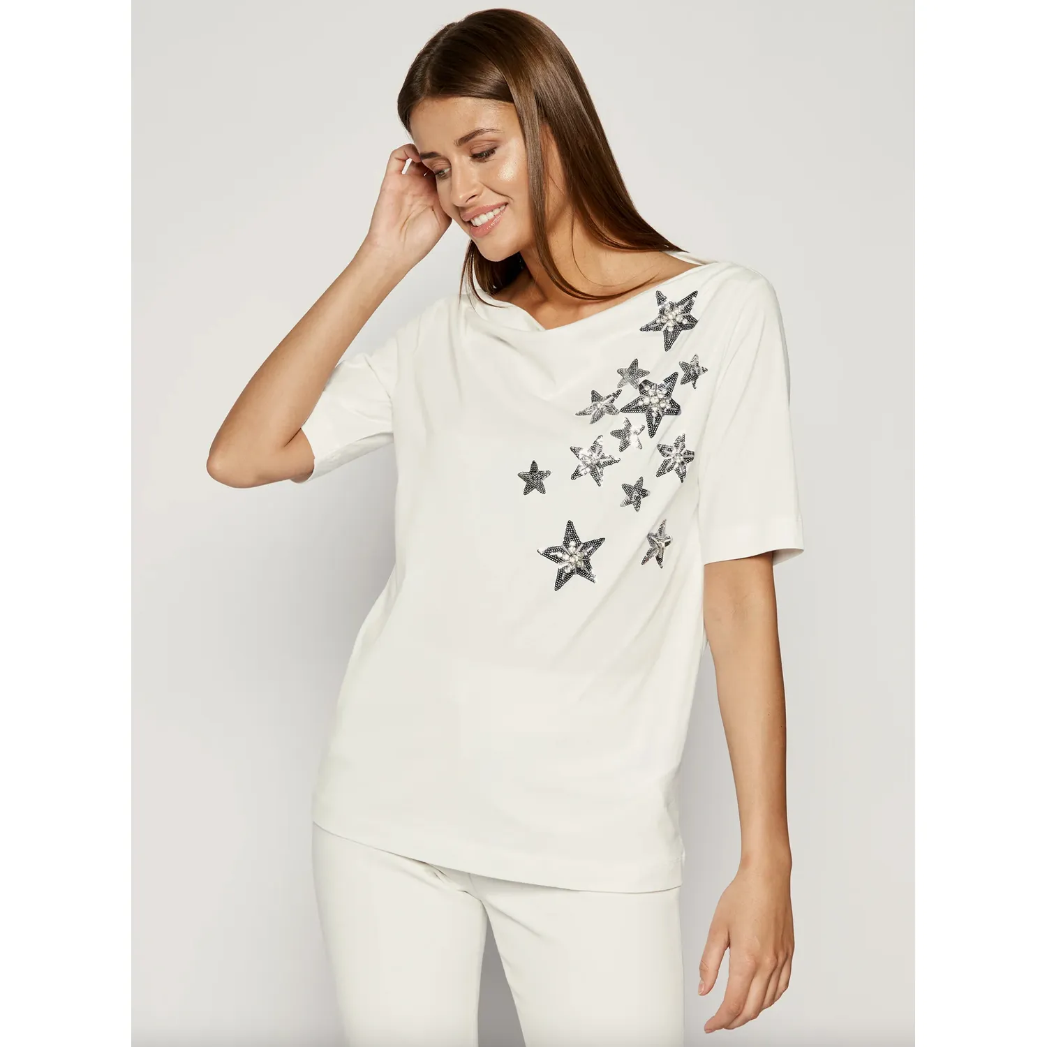 Liu Jo Elegant White Cotton Tee with Rhinestone Accents