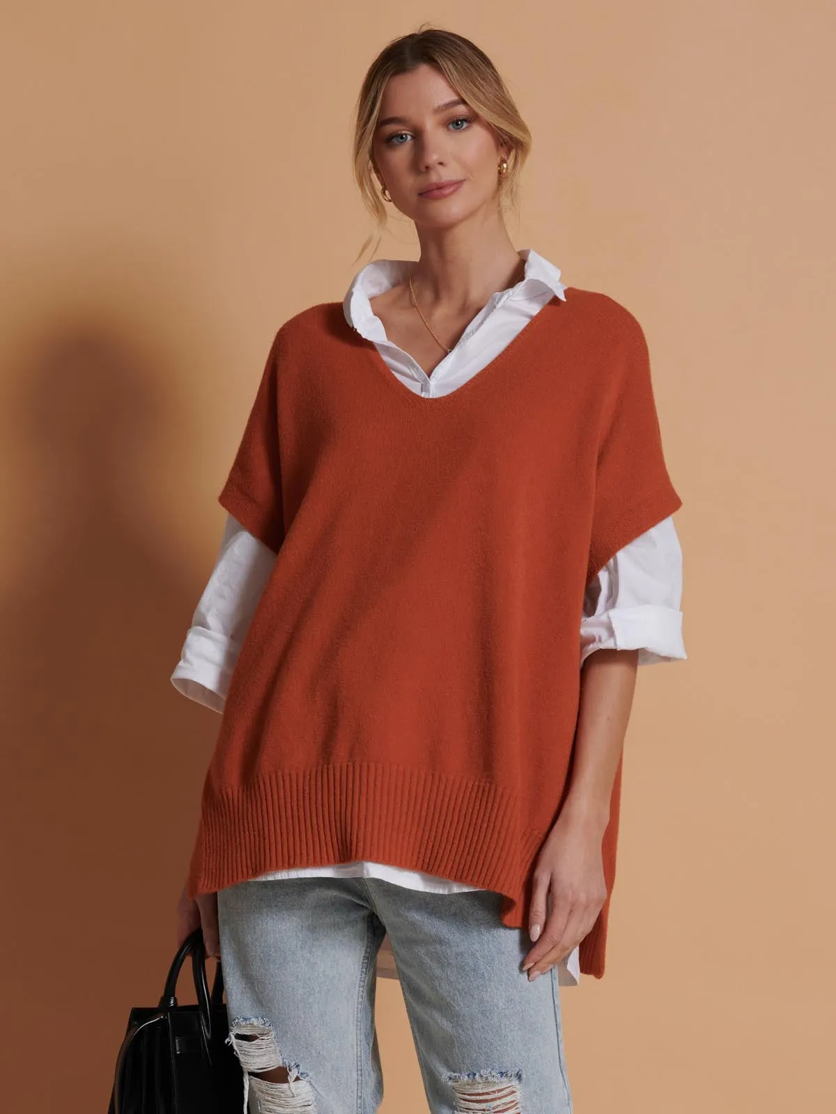 Made in Italy Button Side Knitted Tabard, Burnt Orange