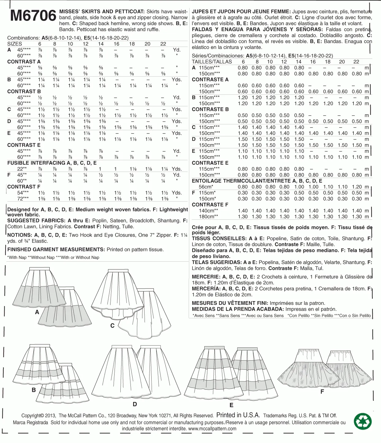 McCall's Pattern M6706 Misses' Skirts and Petticoat