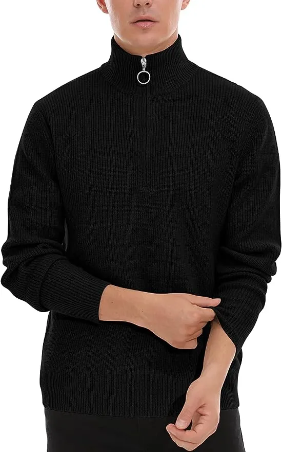 Men's Soft Sweaters Quarter Zip Pullover Classic Ribbed Turtleneck Sweater - Black