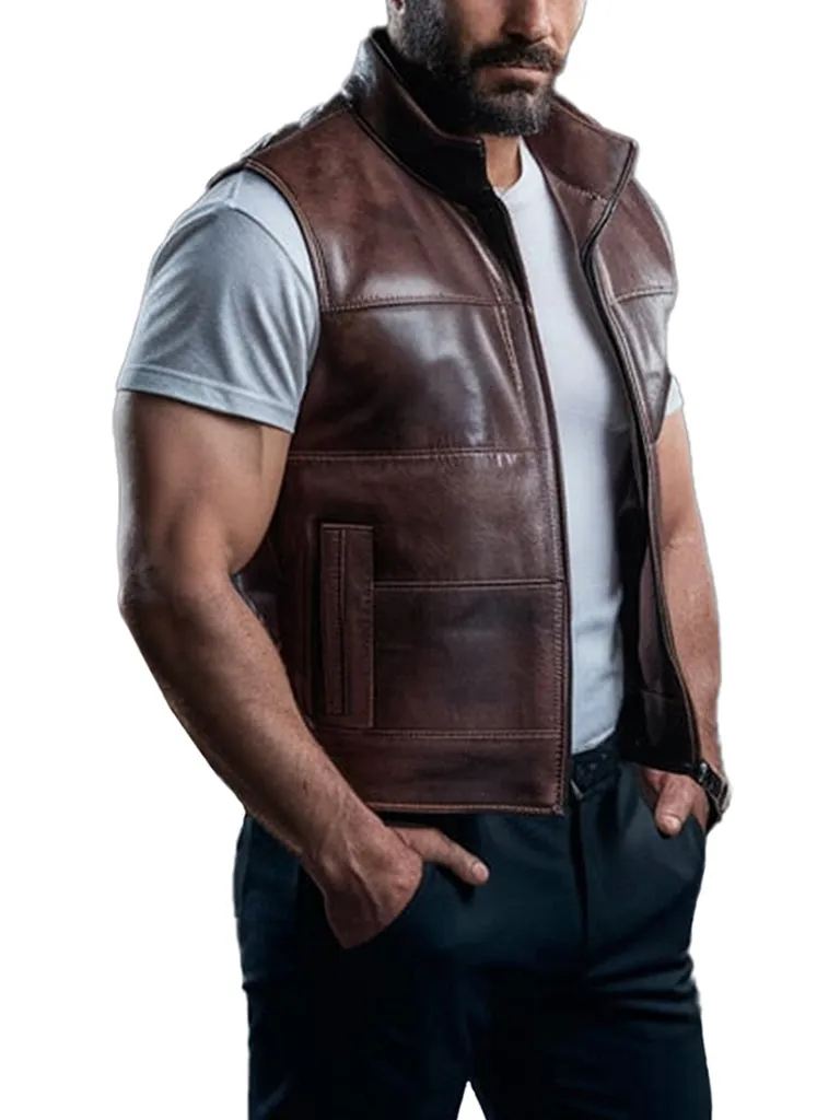 Men's Stylish Brown Stride Leather Vest With Zipper Closure