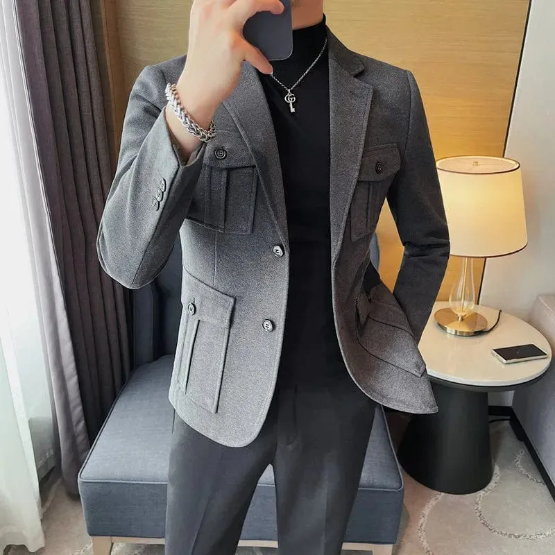 Men's Woolen Cloth Suit Jackets Slim Fit High Quality Pocket Decoration Blazer