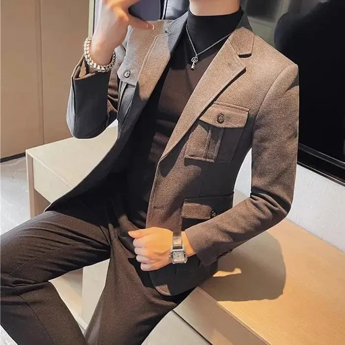 Men's Woolen Cloth Suit Jackets Slim Fit High Quality Pocket Decoration Blazer