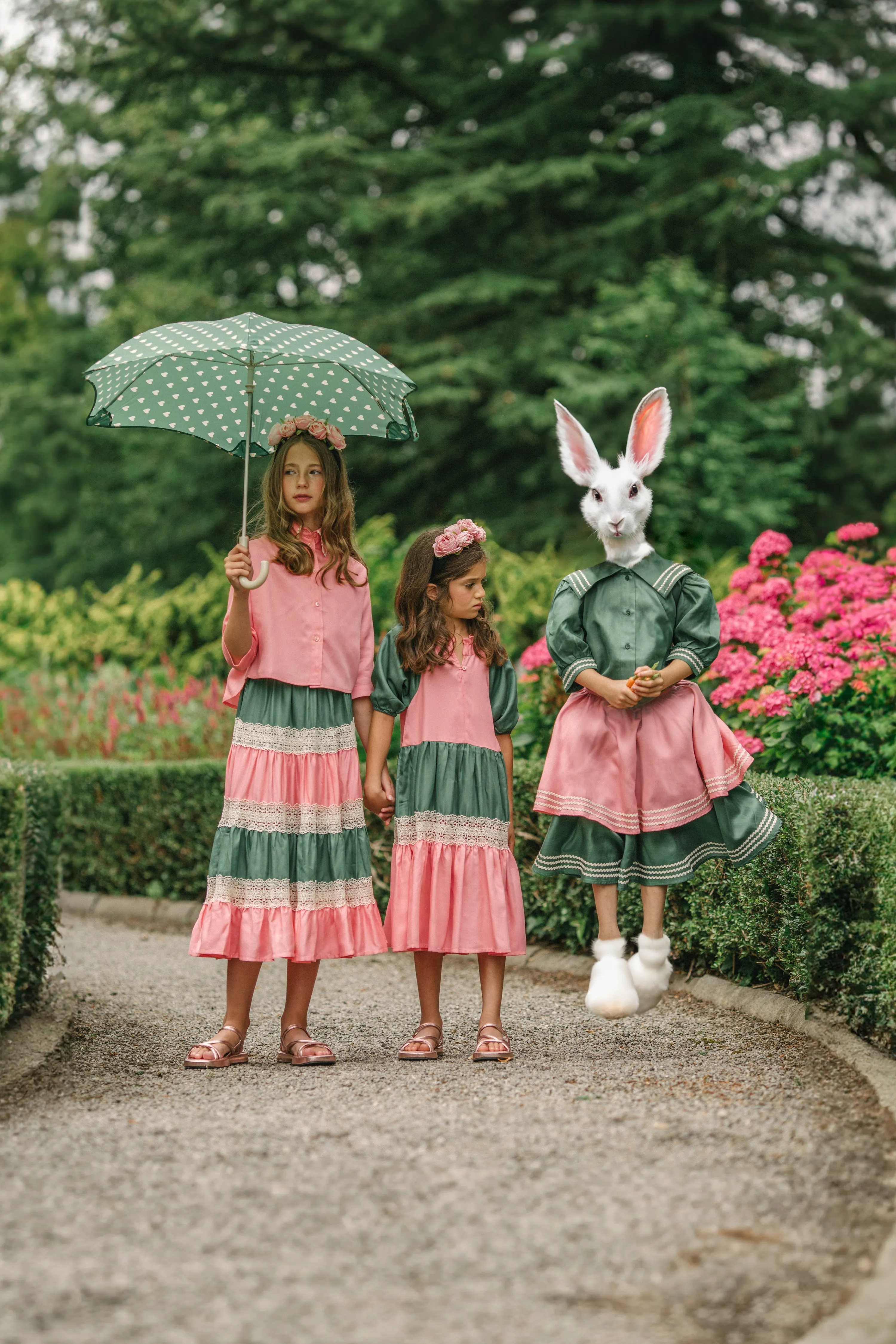 PANELLED LACE ANKLE SKIRT-GERANIUM PINK AND BASIL GREEN