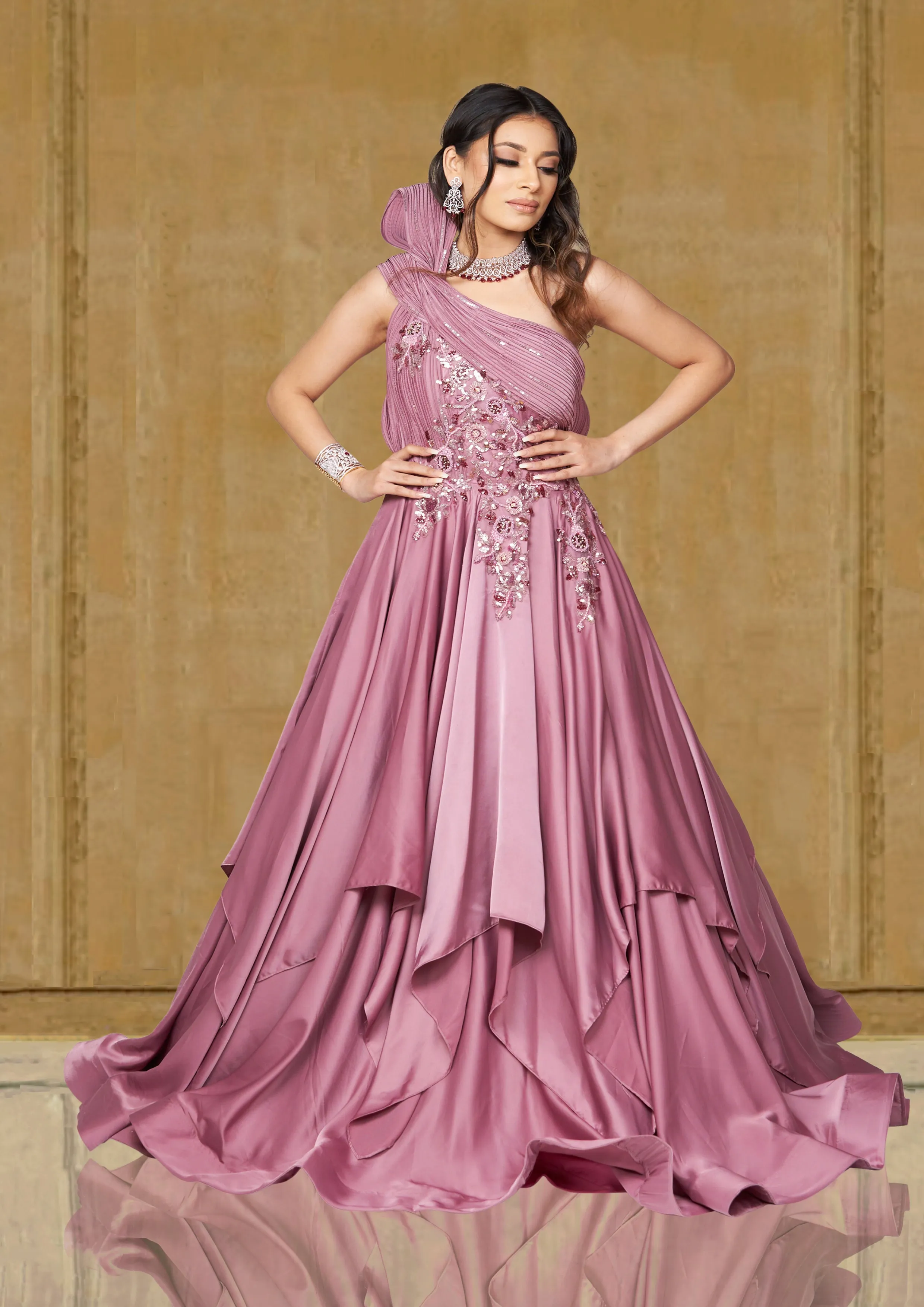 Pink Sculpted One-shoulder Embroidered Silk Wedding Reception Gown