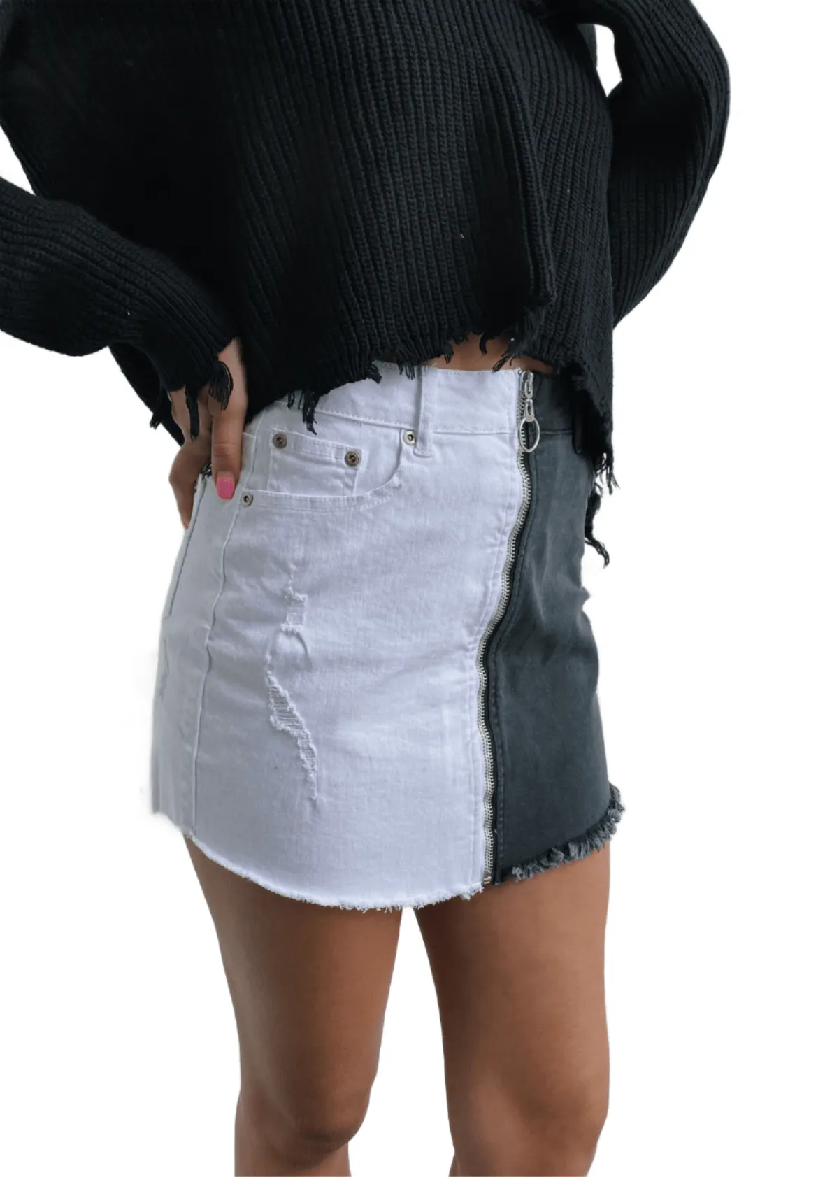 Rock N Rags - "Half And Half" Denim Skirt - Black & White - Colour Block