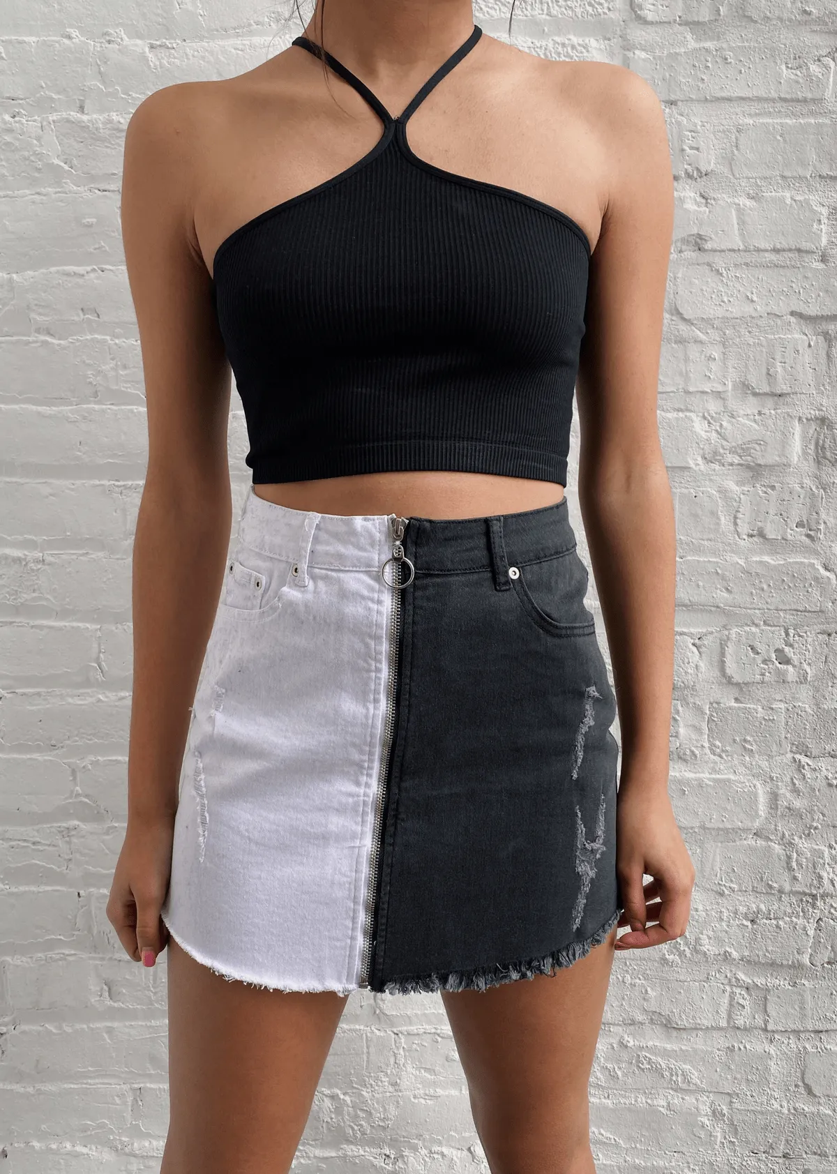 Rock N Rags - "Half And Half" Denim Skirt - Black & White - Colour Block