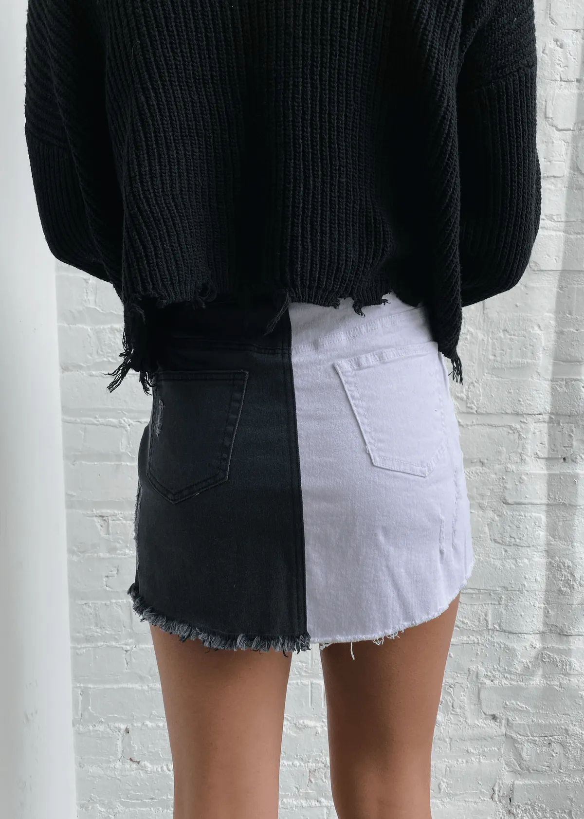 Rock N Rags - "Half And Half" Denim Skirt - Black & White - Colour Block