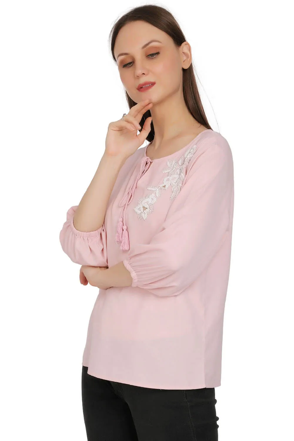 Rosy Glamour Beaded Top with Ties